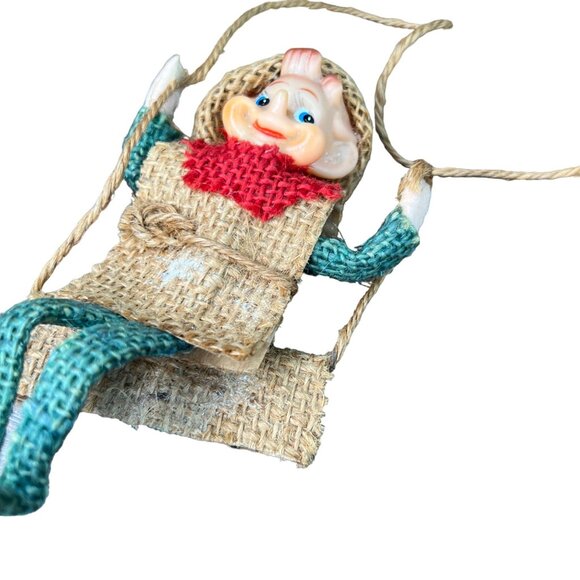 Vintage Burlap & Plastic Elf Decoration With Green Legs Red Scarf Made in Japan - Picture 4 of 10